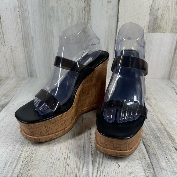 New Nine West Rapps 3 Black Cork Wedge Chunky Sandals #859 - Picture 5 of 12